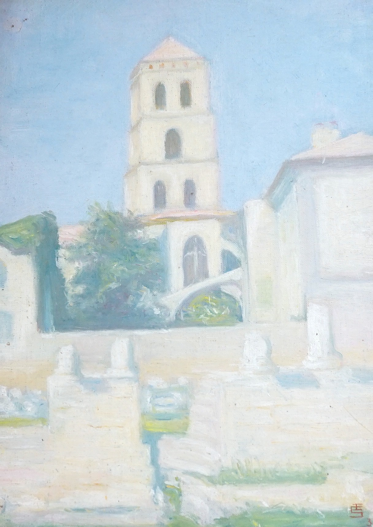 Edgar Seligman (1867-1958), two oils on board, Views of Arles 1930, monogrammed and dated '30, one with a letter from the artist verso, 37 x 27cm